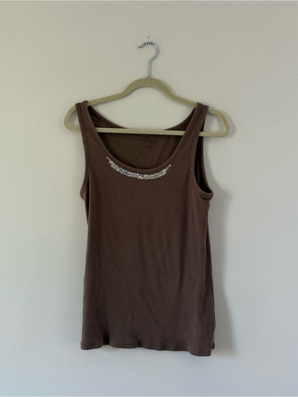 Y2K Brown Ribbed Tank Top Sequin Trim Chocolate Brown Basic Size Large